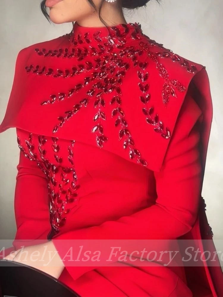 Customized Saudi Arabic Muslim Red Long Sleeve Evening Dress High Neck Beading Women Special Occasion Party Dress Pageant Wear