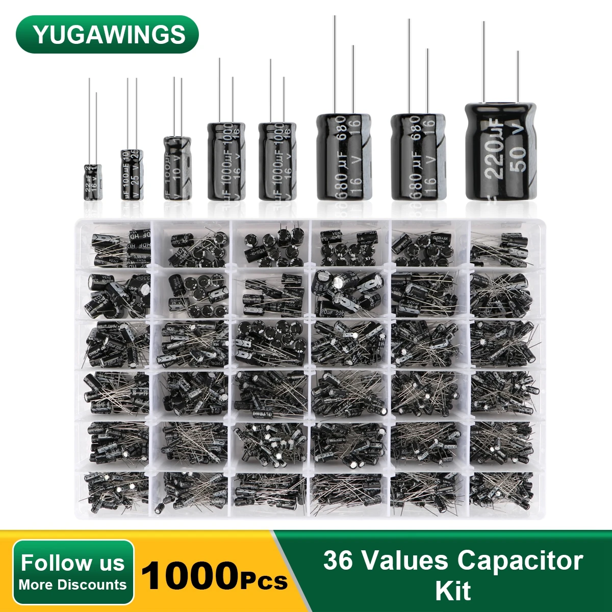 

1000Pcs Aluminum Electrolytic Capacitor Kit 36 Values 16V-50V 0.1uF-1000uF Capacitor Set 100UF 220UF 470UF 680UF