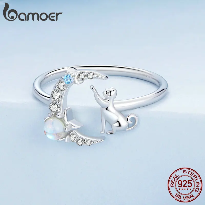 Bamoer-Anillo de Plata de Ley 925 con forma de luna y gato para mujer, sortija ajustable, con apertura de Animal, piedra lunar, regalo de cumpleaños, BSR315