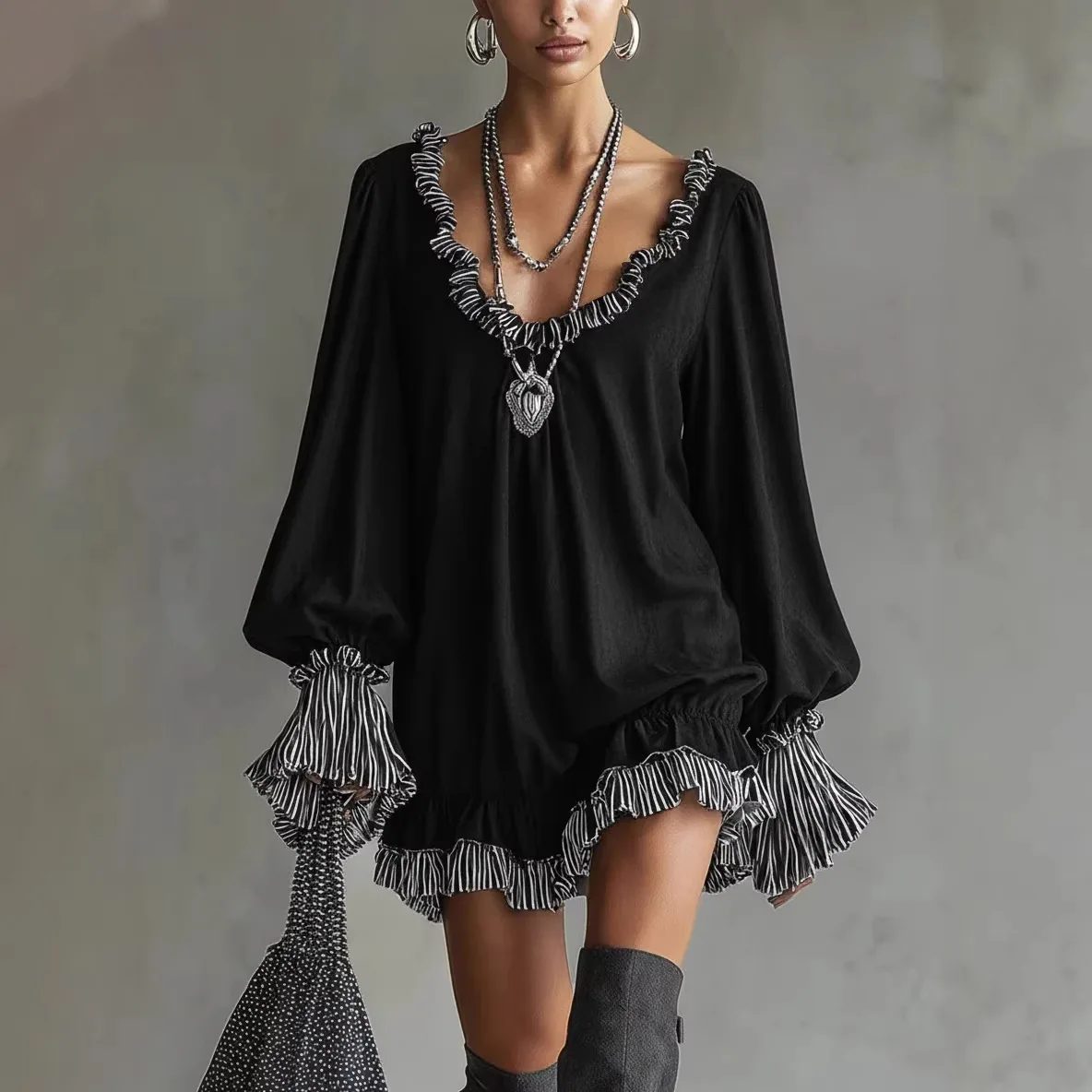 

Autumn Women's Dress New Wood Ear V Collar Women's Mini Dress European American Looose Striped Patchwork Long Sleeve Party Dress