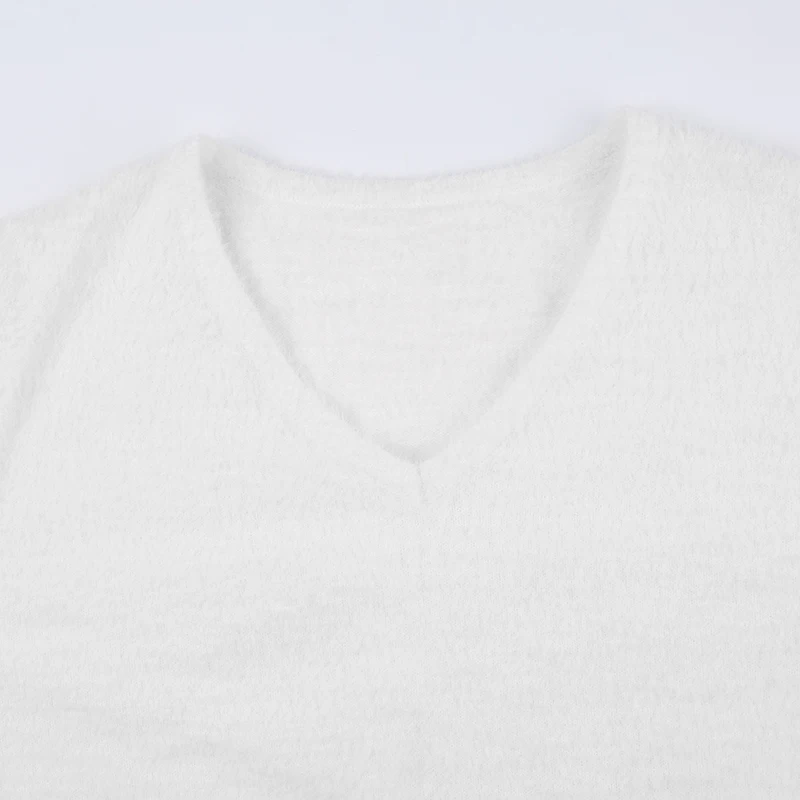 Suéter blanco de manga larga para mujer, ropa suave y cálida con cuello en V, Tops cortos de punto ajustados, otoño e invierno, 2023