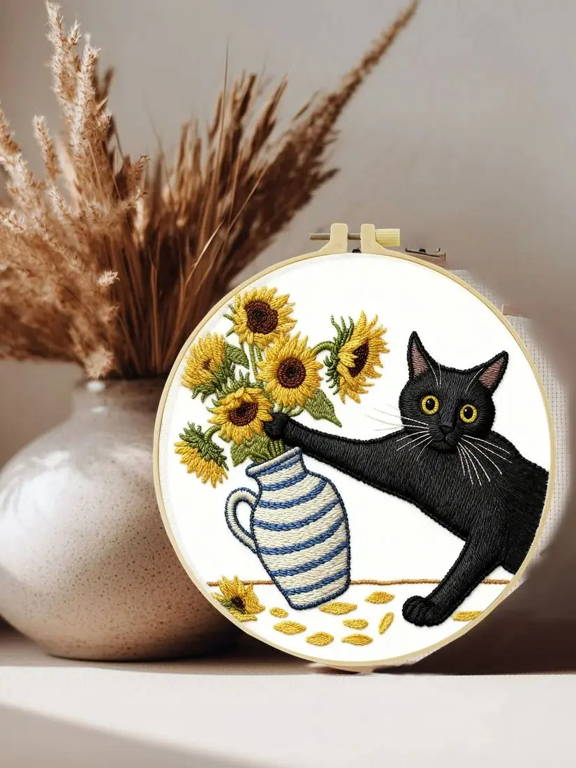 1 Stück 20X20CM/15X54CM Schelmisches Schwarzes Katzen-Stickerei-Starter-Kit DIY Kreuzstich-Nähkunst als Geschenk – Detail 1