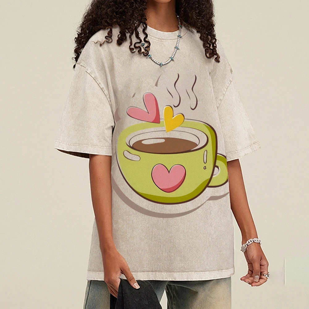 

Cute Coffee Cup with Hearts Graphic T - Shirt, Cozy & Whimsical Vibe, Oversized Fit, Soft Fabric for Casual Looks