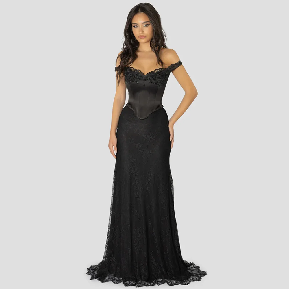 

Customized Off the Shoulder Evening Dress Delicate Appliques Celebrity Gowns Elegant Lace Mermaid Lace Up Back Party Dress