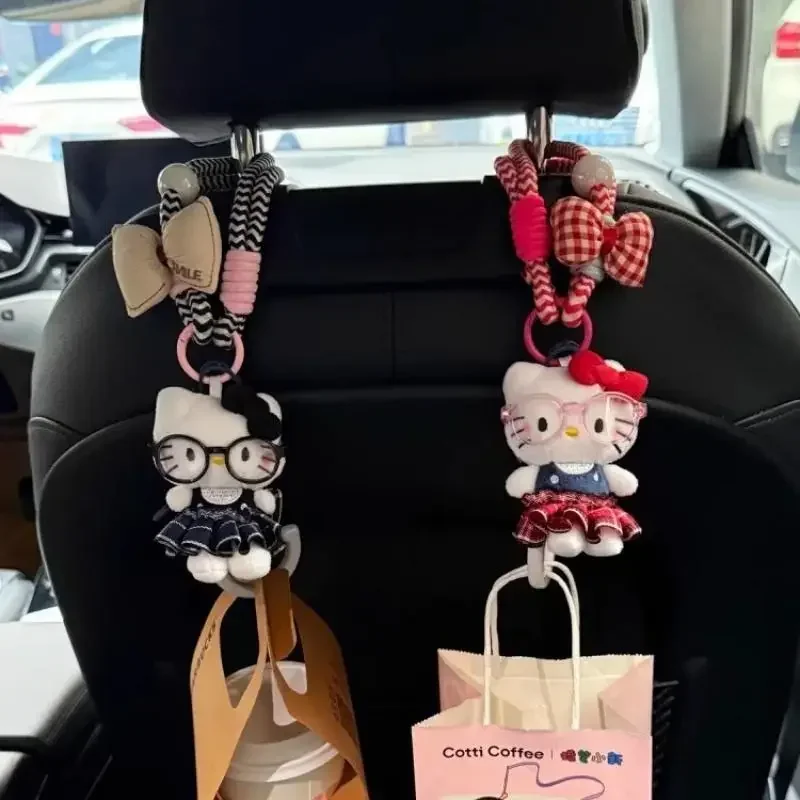 

New Hello Kitty Cute Plaid Dress Car Hook Adorable Backseat Hanging Decor Kawaii Auto Accessories Creative Girls Women Gift