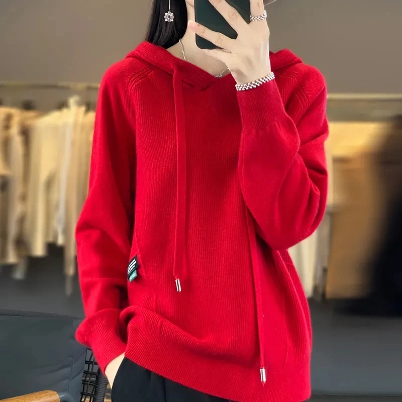 Korean Hoodies Cashmere Sweater 2024 New Spring Autumn Loose Solid Women\'s Hooded Knitted Pullover Women Casual Knitwear Tops