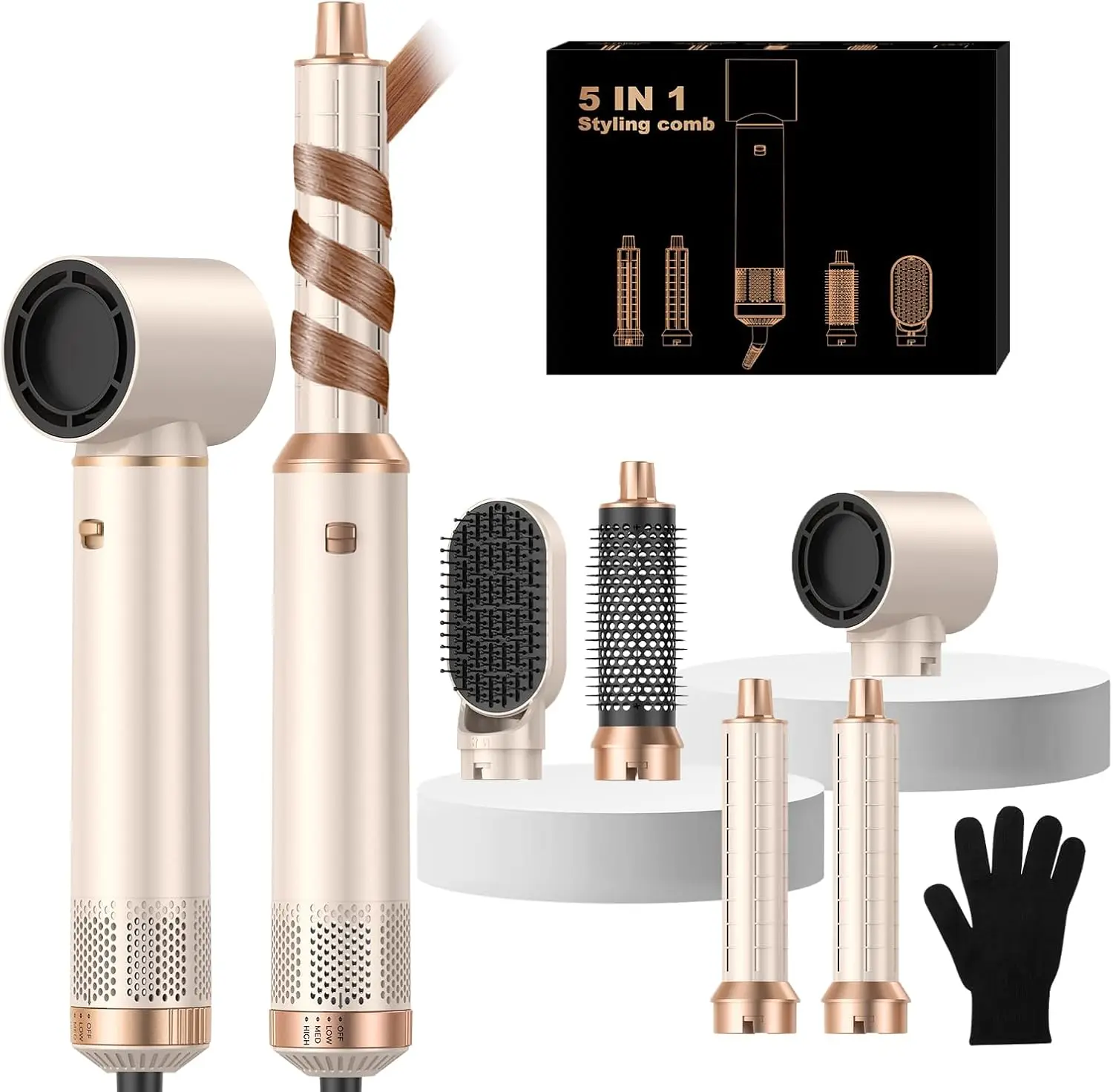 5-in-1 Hair Dryer Brush, Negative Ionic Blow Dryer with Curling, Straightening & Volumizing Attachments