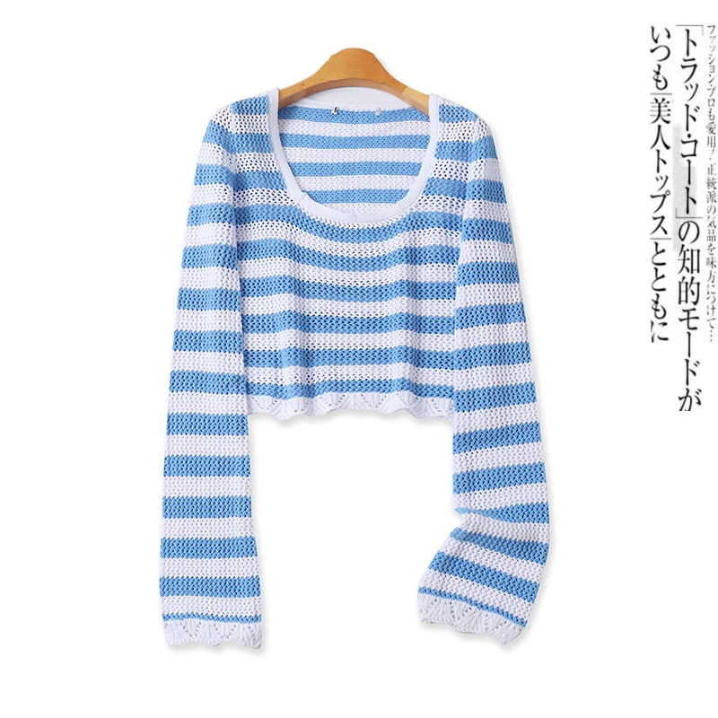 

Faionable Slim Fit Striped Hollow Knitwear Women's Casual Sle Long Sve Square Collar ort Top Autumn New Arrival