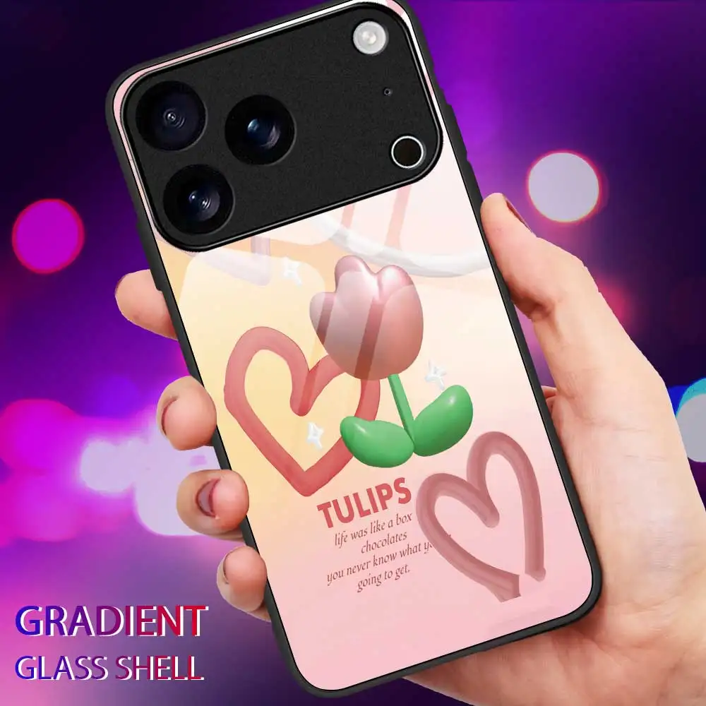 حافظة هاتف على شكل قلب توليب لهاتف آيفون 17 16 15 14 13 12 11 Pro Max 12 Mini 16 Plus 17 Air 17Pro Max غطاء من الزجاج المقسى كابا