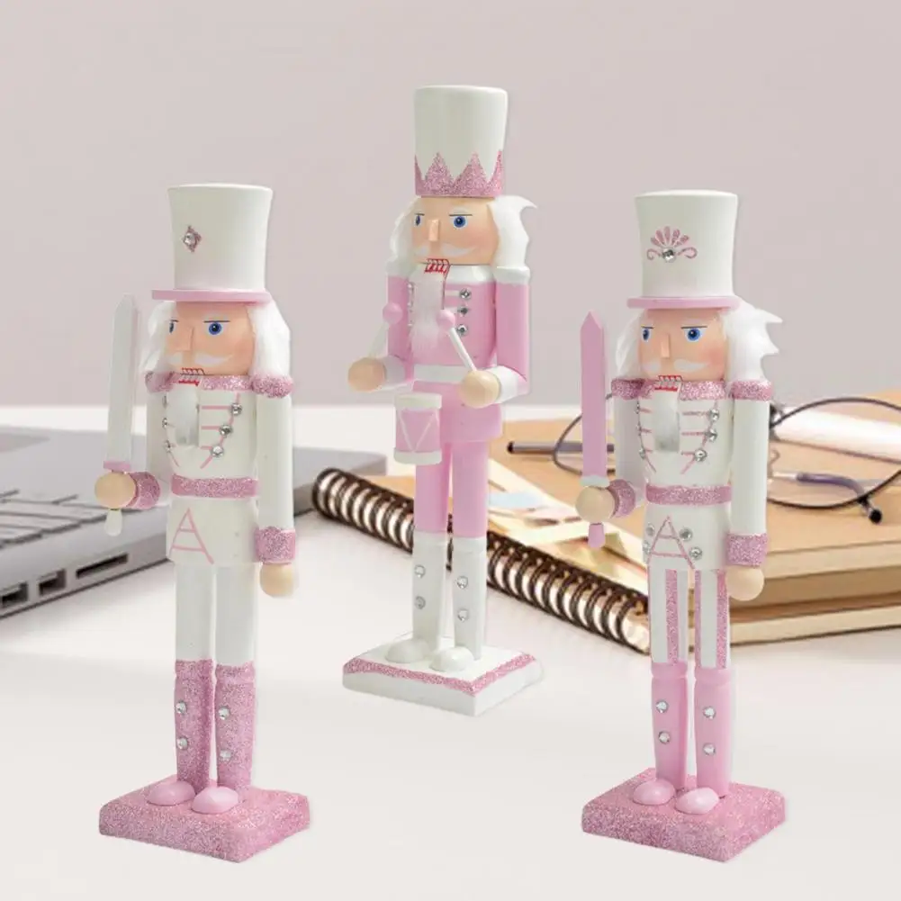 30cm Wooden Soldier Figurine Pink Glitter Nutcracker Soldier Figurines Ornament Rhinestone Inlaid Nutcracker Soldier Statue