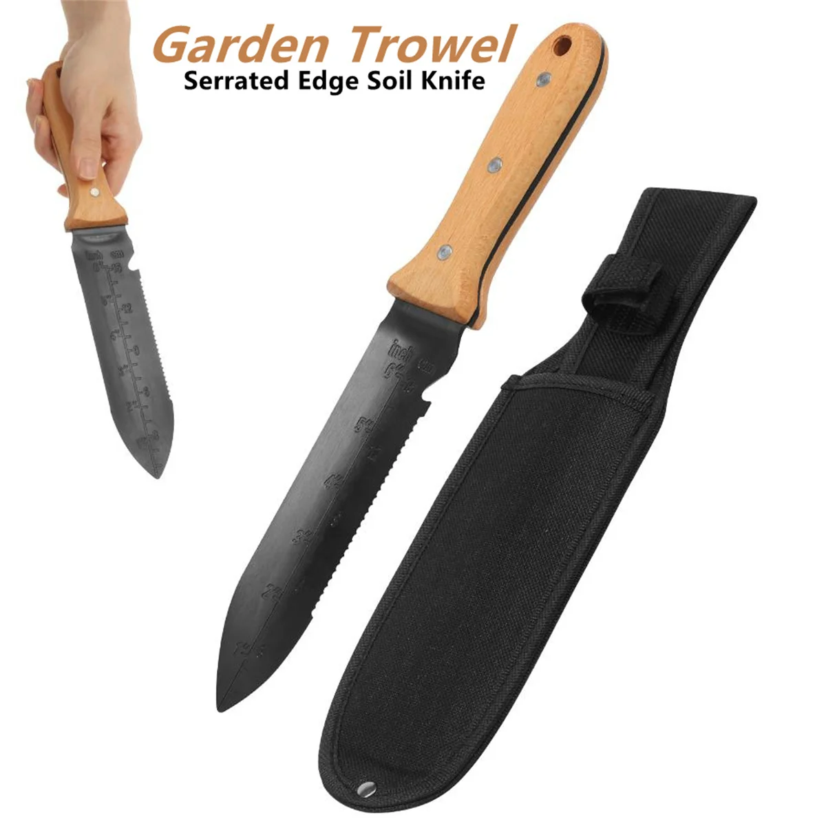 Stainless Steel Garden Trowel Knife Hori Hori Soil Shovel with Sheath Wooden Handle Serrated Edge Digging Tool for Outdoor Use