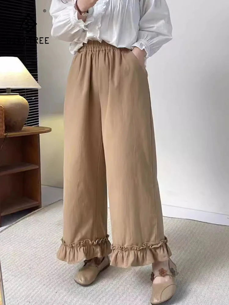 

New Summer Cotton Straight Pants, Women Elastic Waist Solid Ruffles Trousers, Mori Girl Sweet Casual Pants, 2024 Autumn B47608QC