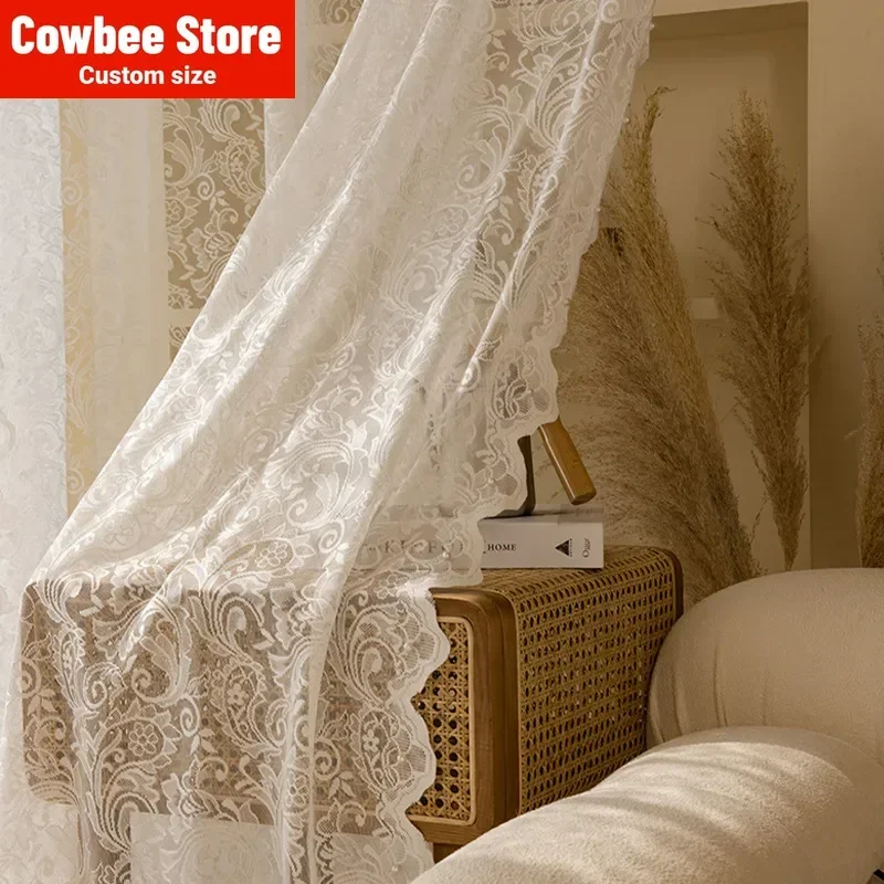 New French Vintage Lace Curtains for Living Dining Room Bedroom Finished Study Translucent Opaque Window Screen Customize