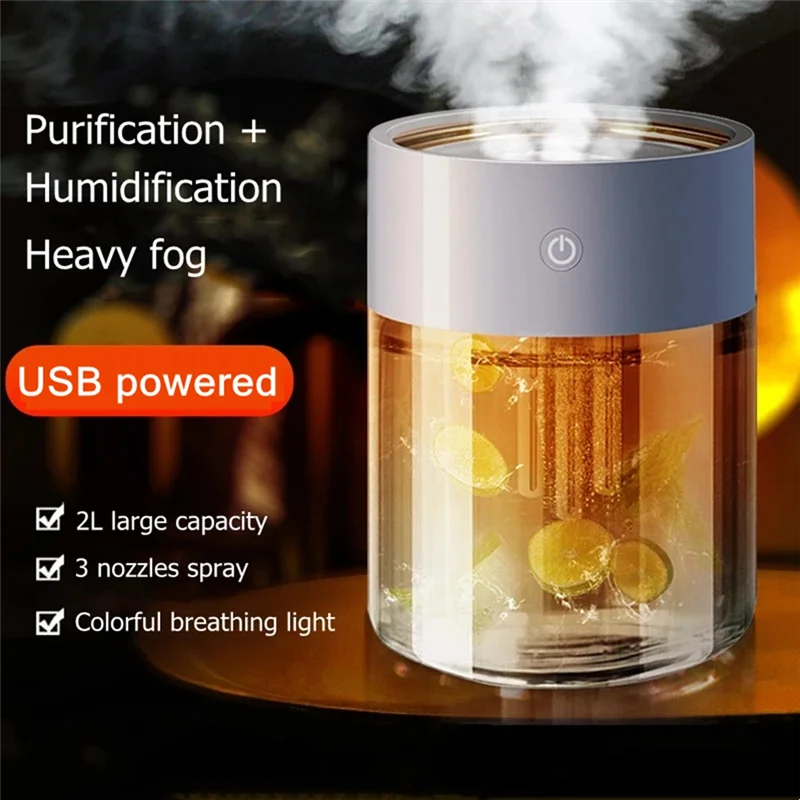 2000ML Air Humidifier USB Ultrasonic Essential Oil Diffuser with LED Lamp Triple Nozzle Heavy Fog Aroma Humidifiers