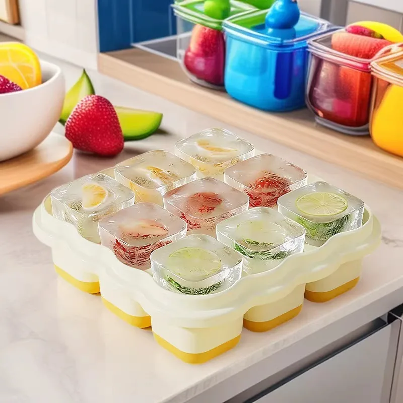 Ice box mold for household use with lid ice box, soft bottom small ice cube box, frozen ice nine grid fruit box storage box