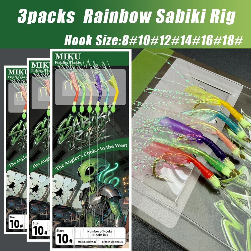 3 Packungen Rainbow Sabiki Rig, 6-farbiges Angelschnur-Set mit fluoreszierenden Perlen, mit schillernden Silberdrähten und Haken aus Kohlenstoffstahl
