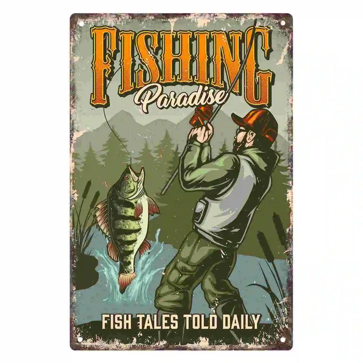 2D FLAT 1pc Fishing Paradise Metal Wall Sign Decoration for Home Cafe Garage Bedroom Porch And Garden