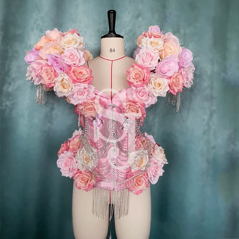 Body Vintage avec chaîne de forage à fleurs pour femmes, tenues de Festival, Costume de danseuse Gogo, robe de Jazz sur scène, vêtements Rave