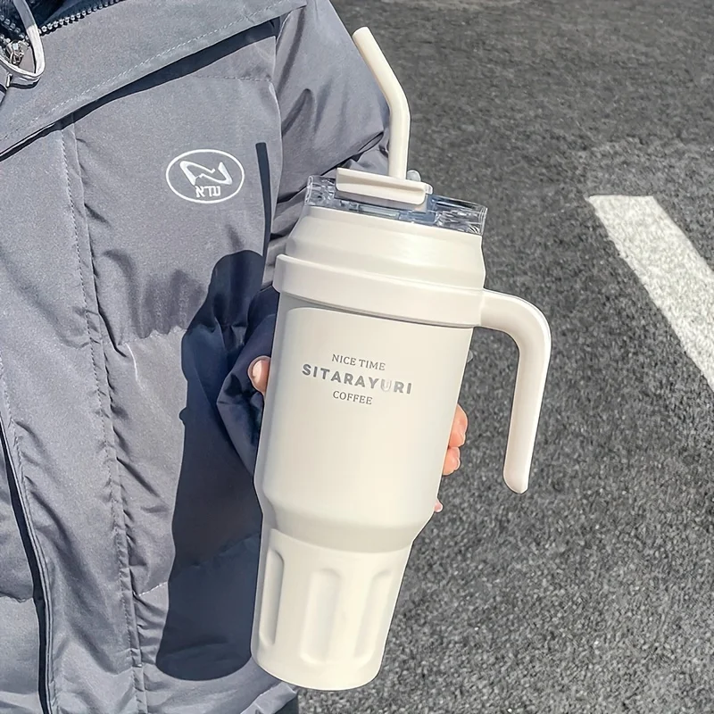 1 قطعة ترمس من الفولاذ المقاوم للصدأ كوب 1450 مللي قدرة الرياضة في الهواء الطلق اللياقة البدنية وعاء شرب مزدوج سيارة كوب بوليون الجليد مع القش