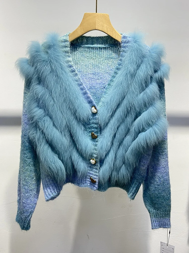 2024 New Arrival Autumn Women Blue Real Fox Fur Sweater Real Fur Spring Knitted Jacket Wear