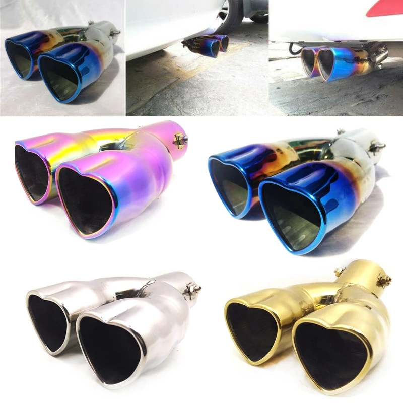 Upgrade Universal Heart Shaped Double Car Exhaust Systems Tip Nozzle Trim Muffler Pipe Tailpipe Throat Chrome Auto Car Tuning