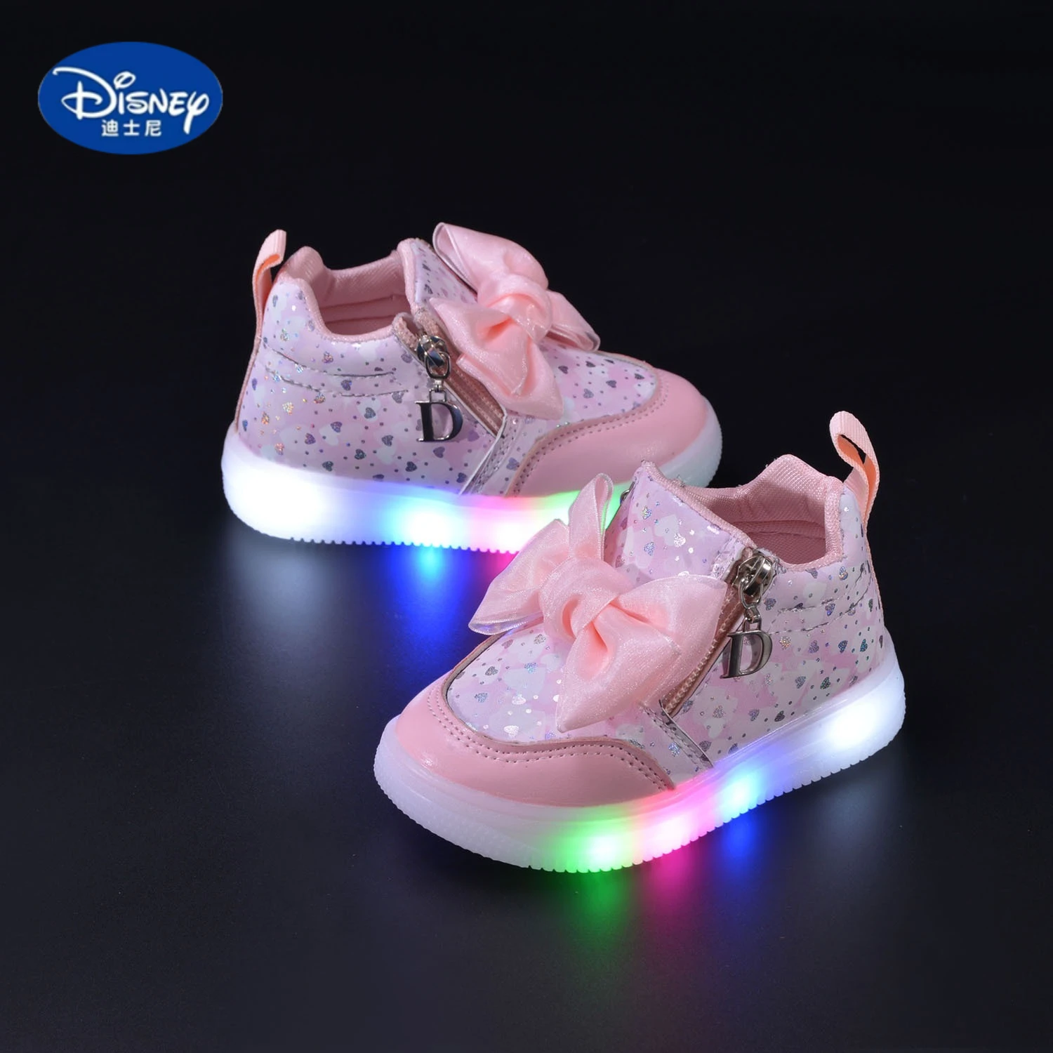 Tênis com laço iluminado Disney 2025 – Sapatos com sola macia com tema de princesa para meninas, sapatos casuais confortáveis e modernos