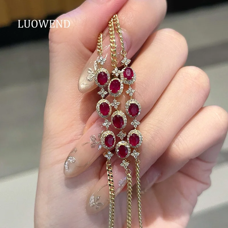 

LUOWEND 100% 18K Yellow Gold Bracelet Women Luxury Design Shiny Diamond Natural Ruby Bracelet High Gemstone Jewelry