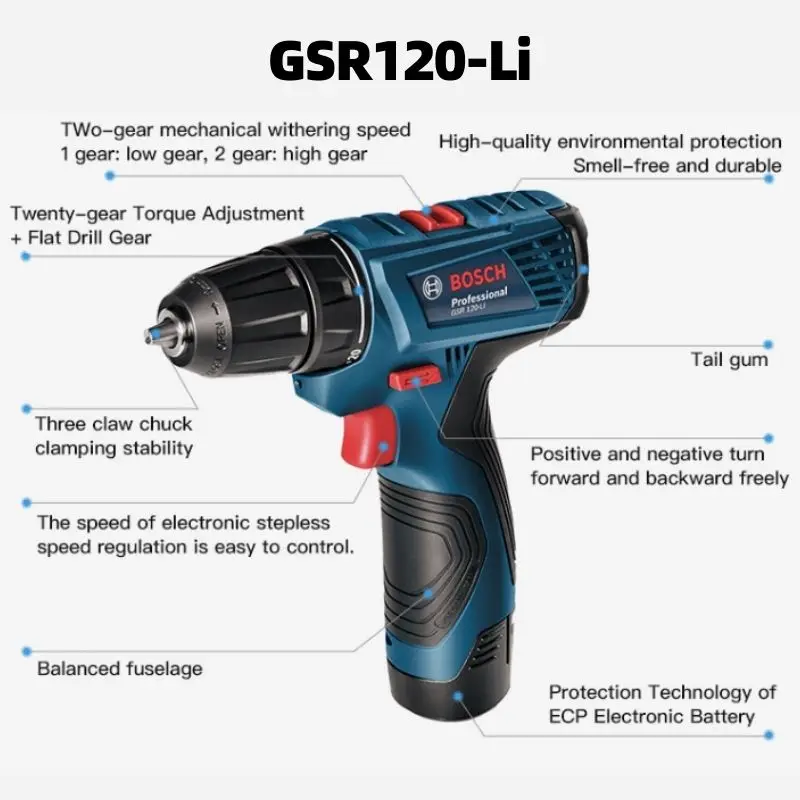 Bosch Cordless Driver GSR120-Li Handheld Electric Screwdriver 12V Lithium Drill Household Power Tool Screwdriver With Battery