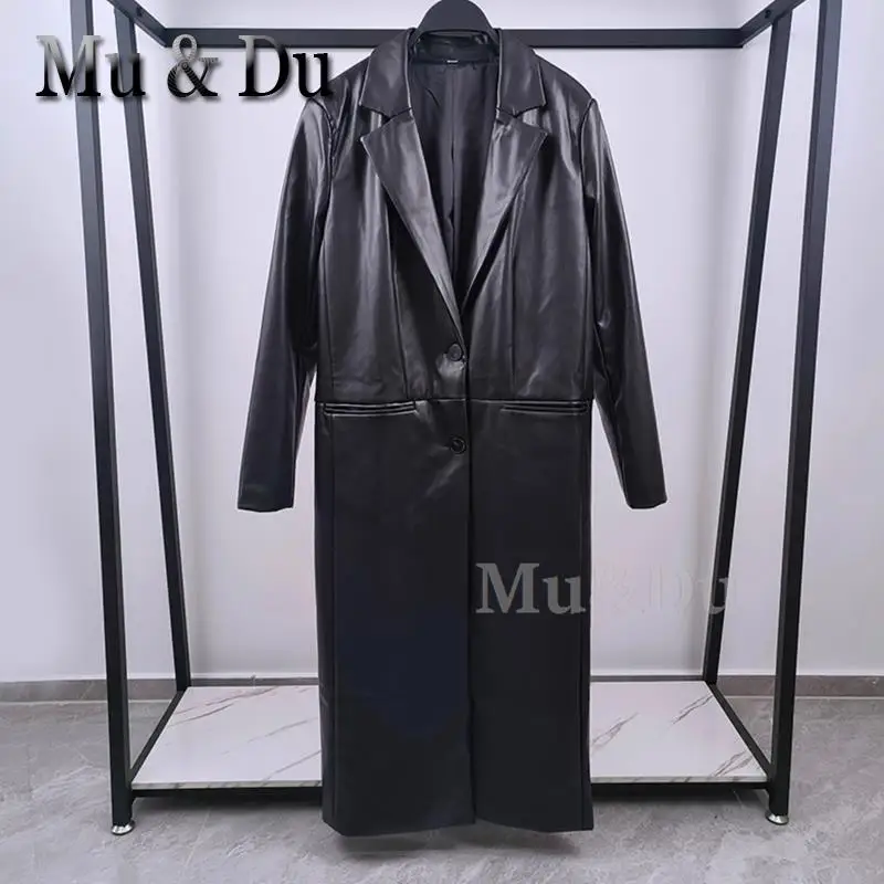 Mu&Du 2024Winter Women Vintage Straight Faux Leather Trench Coat Casual Long Motorcycle Jacket Female Street PU Outwear Overcoat