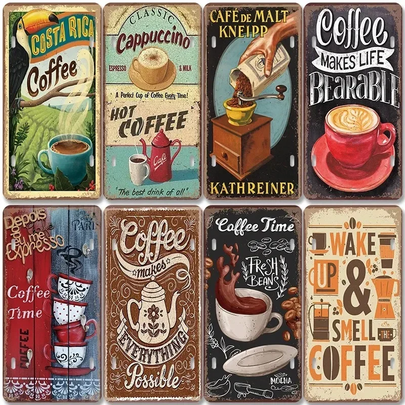 Coffee Licenses Vintage Metal Tin Signs Retro Plate Coffee Time Posters Plaques for Cafe Kitchen Living Room Home Wall Art Decor