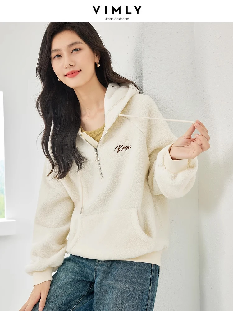 

Vimly Women Hooded Sweatshirt Half Zipper Hoodie 2023 Winter Office Lady Thick Warm Pullover Long Sleeve Top Woman Clothes M3755