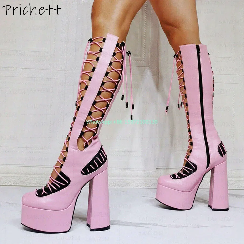 

Hollow Cross Tied Platform Y2K Sandals Mixed Color Round Toe Chunky Heels Lace Up Unique Boots Hotties Fashion Sexy Runway Shoes
