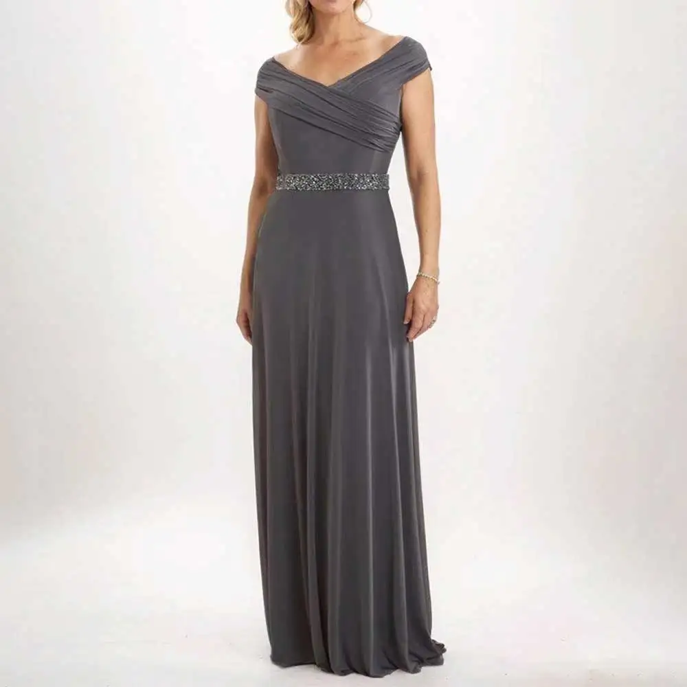 

Elegant V-Neck Cap Sleeve Pleated Evening Dress with Beaded Belt Prom Party Dresses Bridesmaid's Gowns فساتين سهرة Saudi Arabia