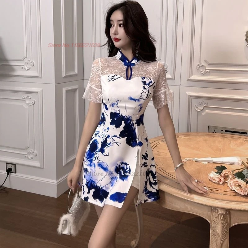 

Платье для китайского ночного клуба, банкетное платье Cheongsam, национальное кружевное платье Ципао с цветочным принтом + шорты, комплект восточного отеля, спа, рабочее платье