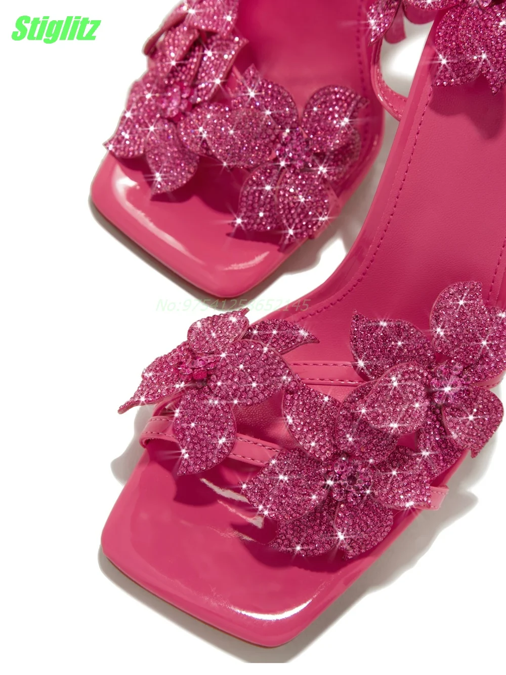 Fiore strass donna sandali rosa punta quadrata partito sottile tacco alto Strappy estate scarpe da donna nuovo arrivo cinturino con fibbia 2024