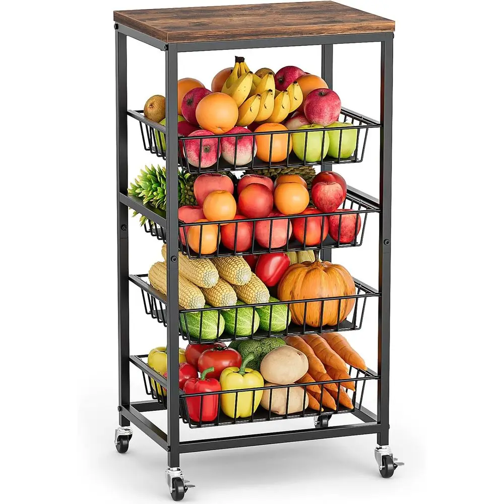 

ruit Vegetable Cart, 4-Tier Snack & Kitchen Cart on Wheels with Storage, Pull-Out Baskets & Wood Top, Rolling Organizer