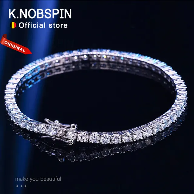 Knobspin 3mm 4mm bransoletka tenisowa Moissanite pełny diament certyfikat GRA s925 srebro pozłacane 18k białe złoto ślub przyjęcie zaręczynowe biżuteria bransoletki dla kobiet mężczyzna