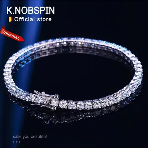 KNOBSPIN 4mm D 컬러 모이사나이트 테니스 팔찌 925 스털링 실버 도금 여성용 18k 화이트 골드 팔찌 남자 스파클링 파티 쥬얼리 도매, 3년 애프터 서비스 보증 제공 