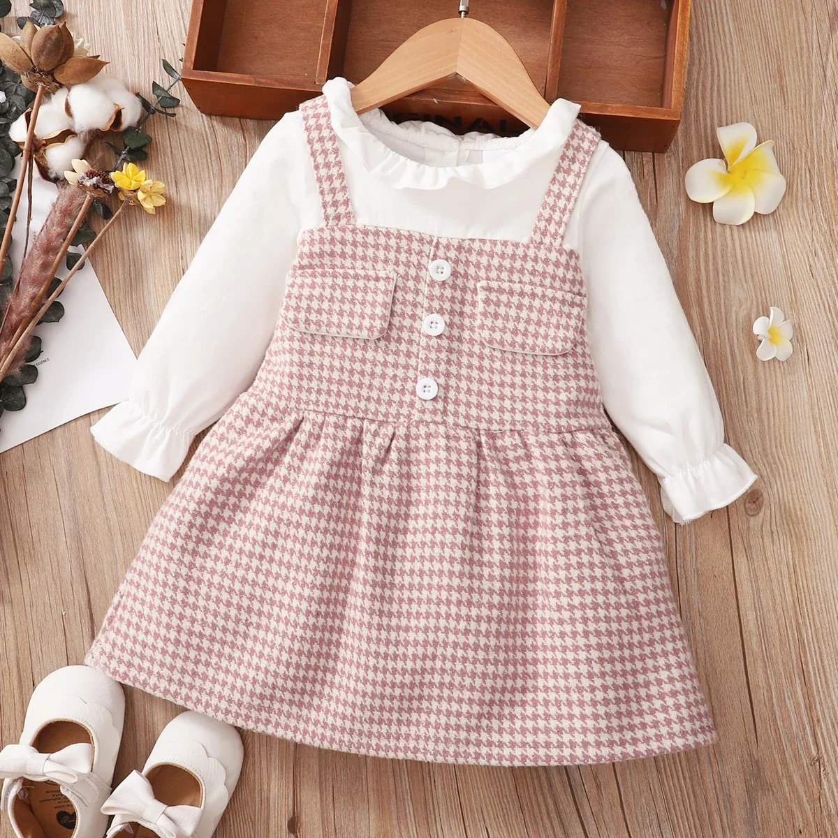 PatPat Frilly Collar Long-sleeve Splicing Pink Baby Faux-two Houndstooth Dress Perfect for Outings and Daily Wear