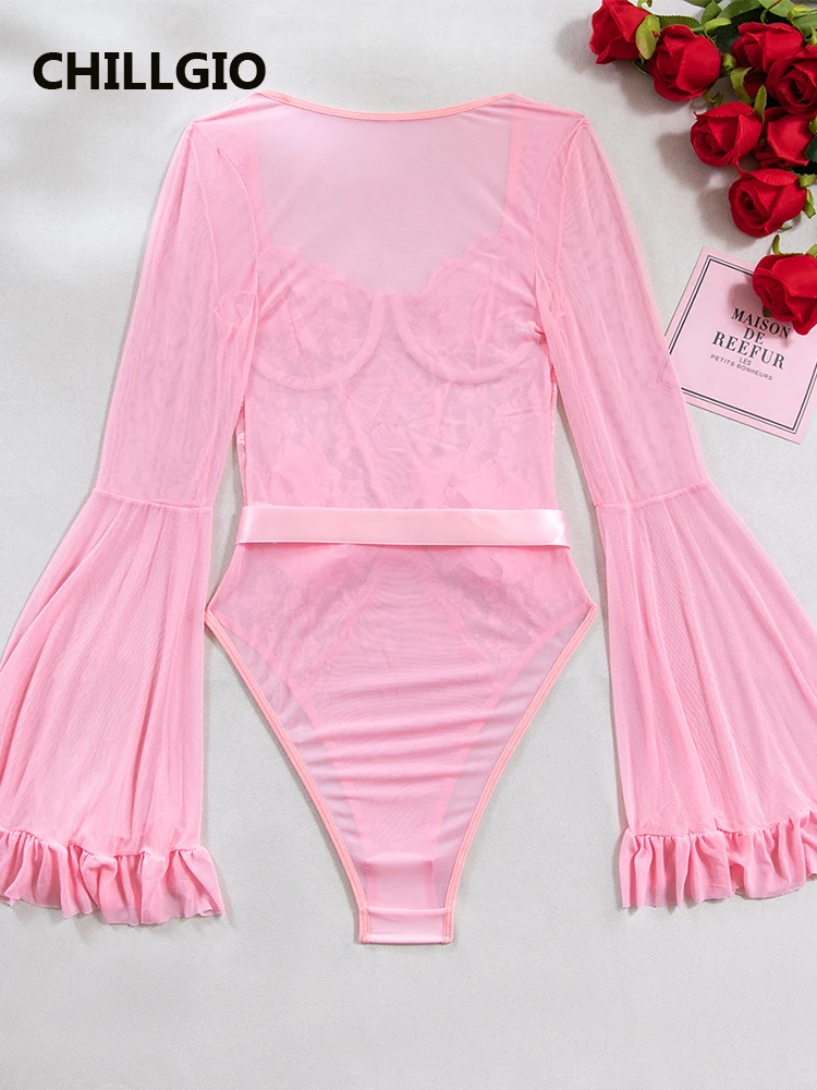 Chillgio feminino sexy floral renda malha macacão lingerie bodycon magro moda push up gola quadrada mangas compridas babados bodysuits