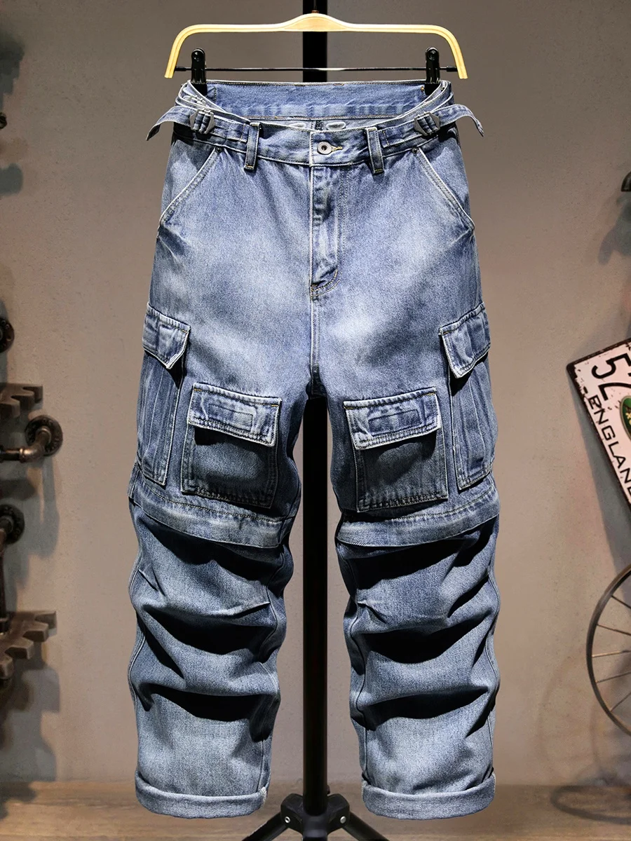 

Американские джинсы-карго в стиле пэчворк с множеством карманов, мужские, с отстегивающимися элементами, двусторонние, прямые, широкие штанины, модные, свободного кроя, размер L