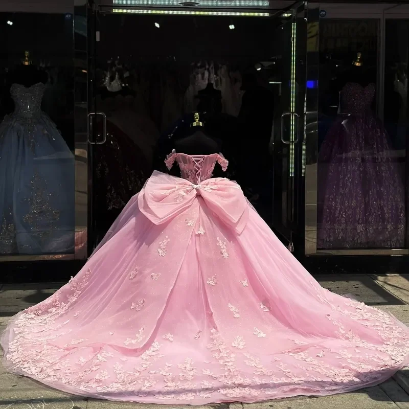 Vestido De princesa rosa para quinceañera, traje con cuentas De cristales y lazo fuera del hombro, fiesta De cumpleaños, Vestido dulce 16, Vestido De baile De 15 años