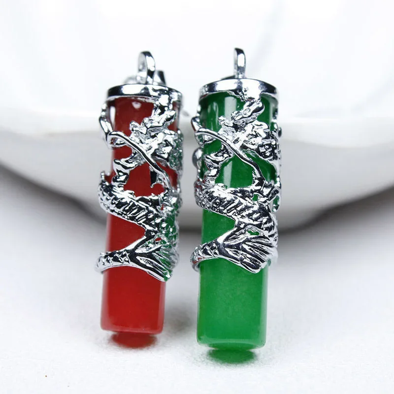 

Natural Green Jade Dragon pillar Pendant Necklace Charm Jewellery Fashion Accessories Hand-Carved Man woman Luck Amulet Gift