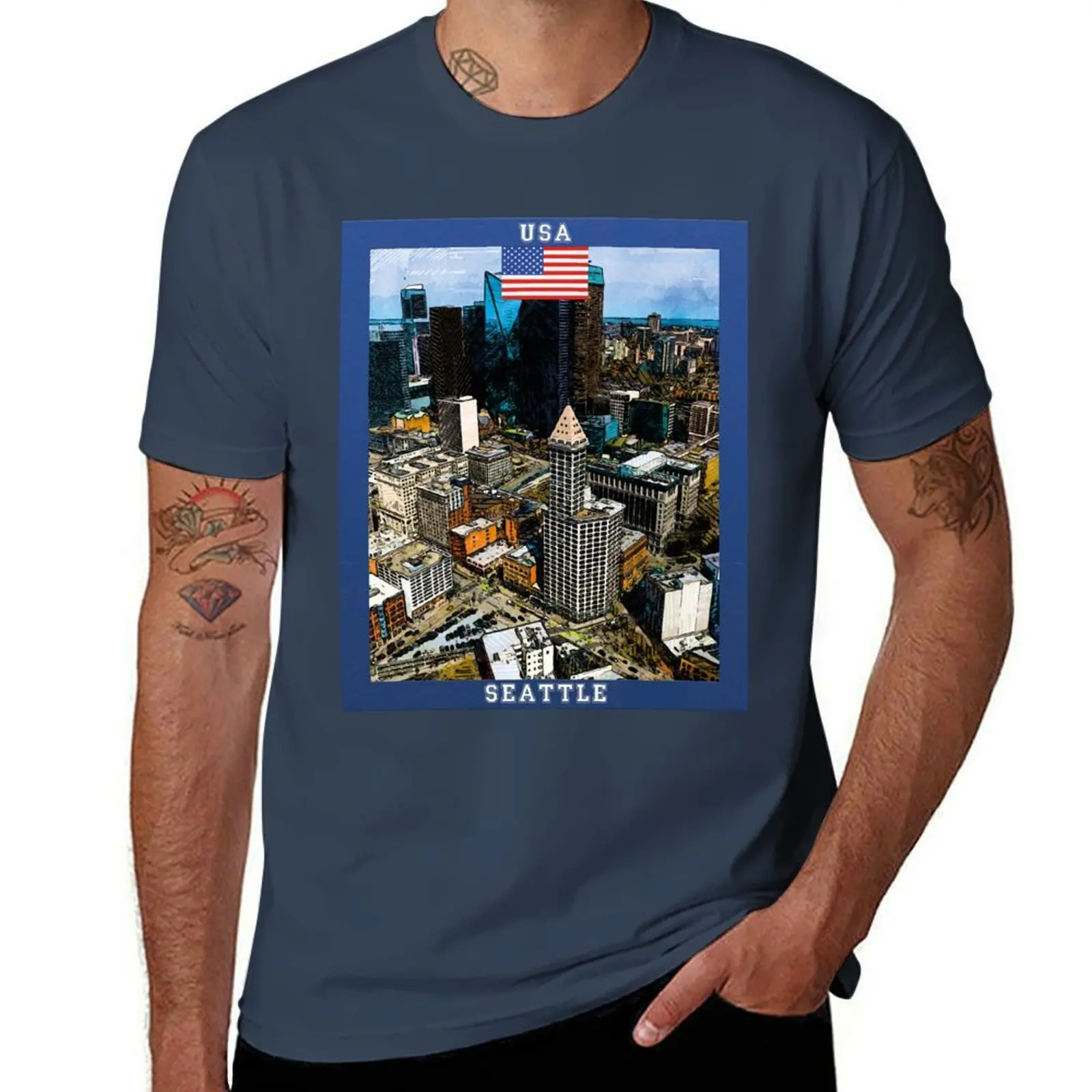 

Seattle USA Travel T-Shirt man t shirt designer black cotton t-shirt plain for man package T-Shirt