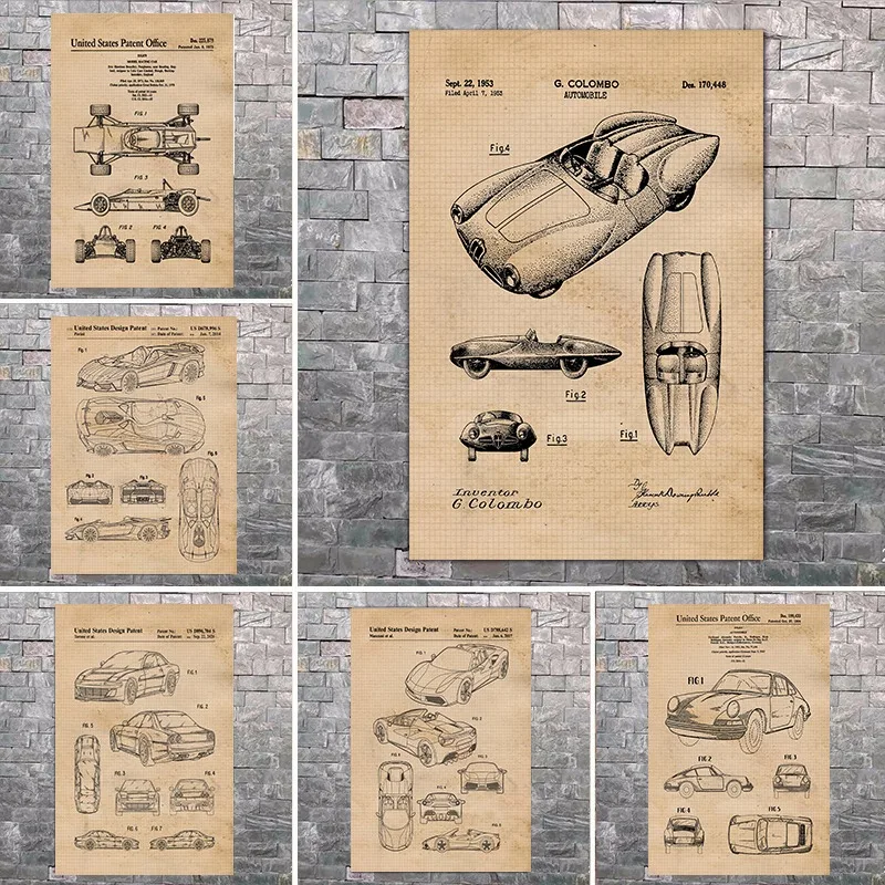 Classic Cars Blueprint Poster Unframed Photos Wall Art Decor Vintage Technical Drawing Gift Home Office Garage Student Engineer