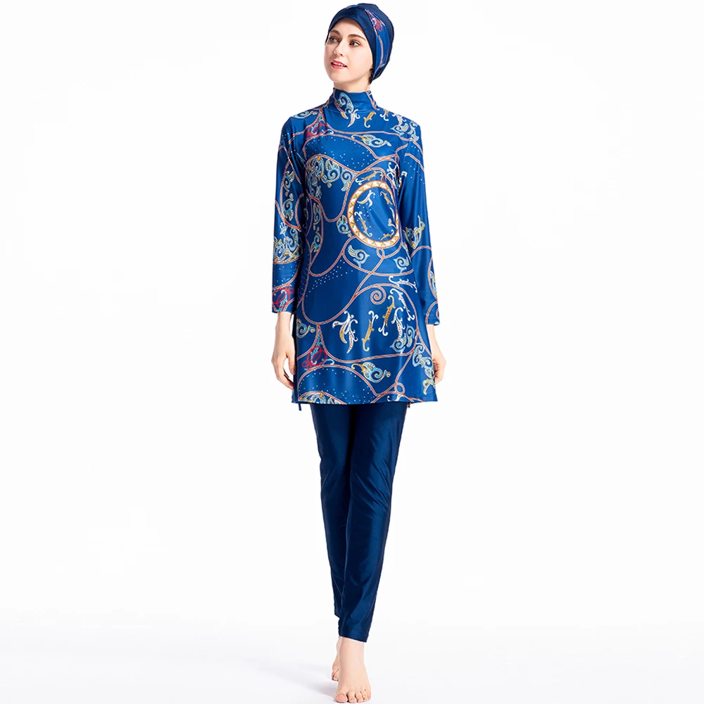 S-4XL New Burkini Femmes Muslim Swimwear 3pcs Long Sleeve Luxury Print Slim Fit Beach Wear Sunscreen Diving Suit with Hijab