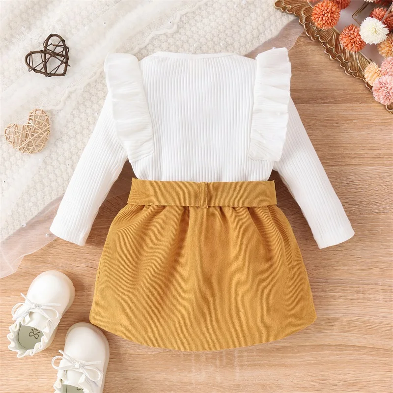 Adroable Toddler Autumn Outfits Solid Color Ruffles Long Sleeve Ribbed T-shirts Belted Mini Skirts Set Casual Baby Girls Clothes