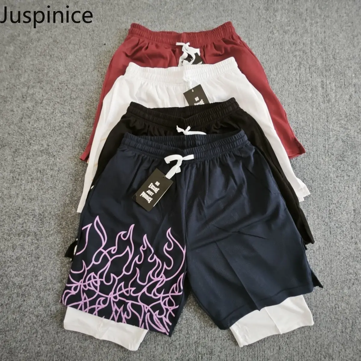 

Juspinice новые шорты из двух предметов с пламенем, дышащие быстросохнущие шорты для американского спорта, фитнеса, бега, мужская одежда