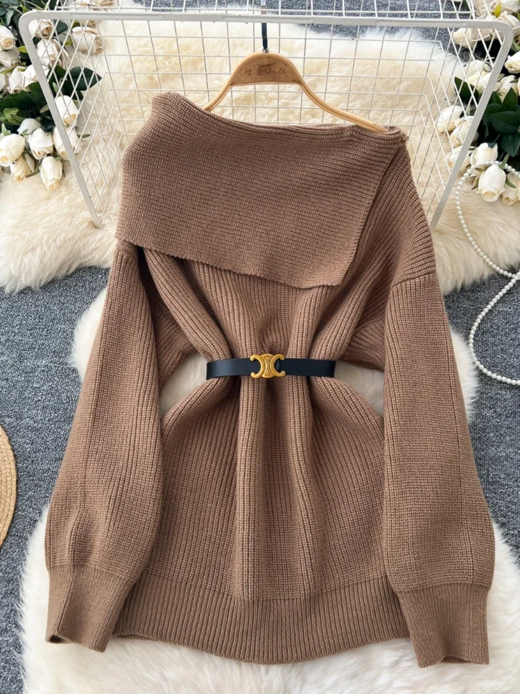 Women Knitted Sweater Autumn Winter Sexy Off Shoulder Lapel Slim Pullover Tops Female Solid Long Sleeve Korean Casual Sweaters