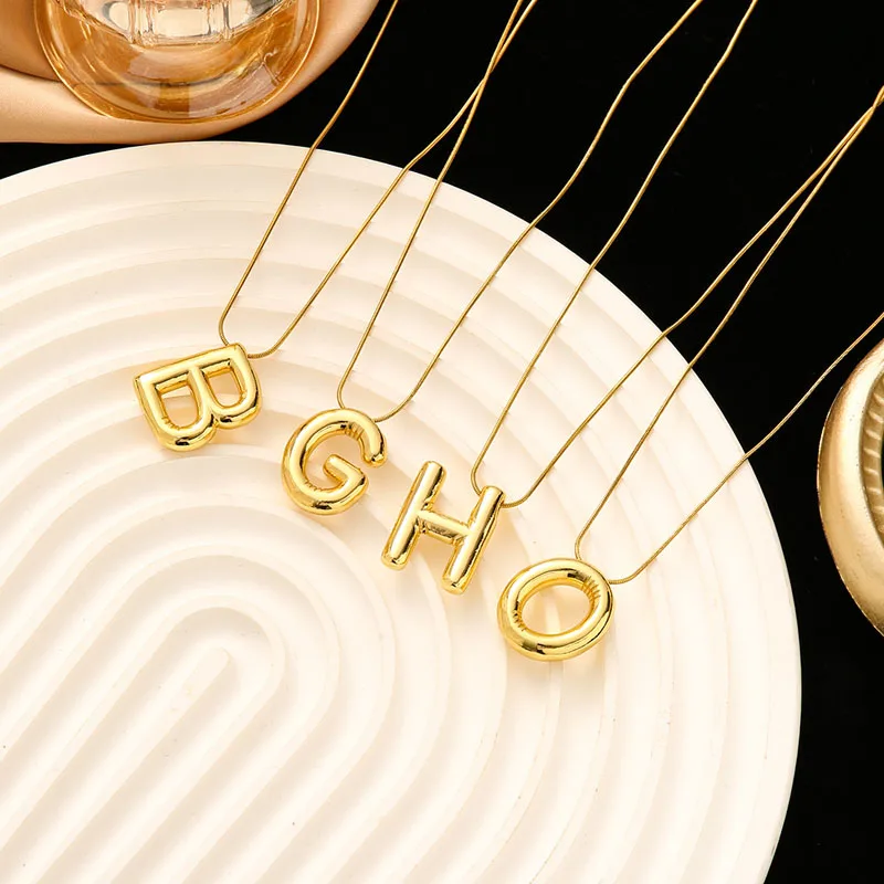 Stainless Steel Chain Gold Color Letter Necklaces Chunky Alphabet Balloon Bubble Initial Pendant Necklace for Women Men Jewelry